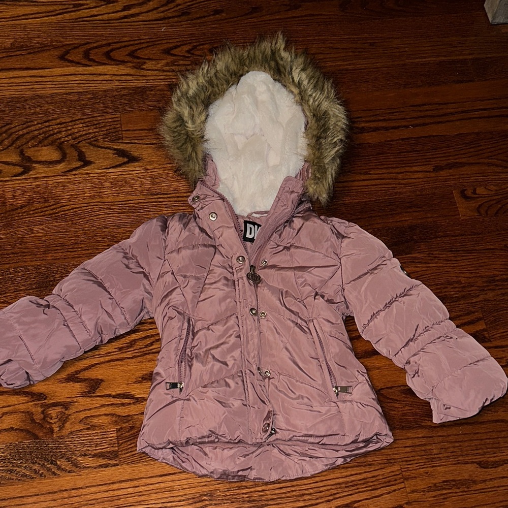 DKNY Mauve Puffer Jacket with Faux Fur Trim
